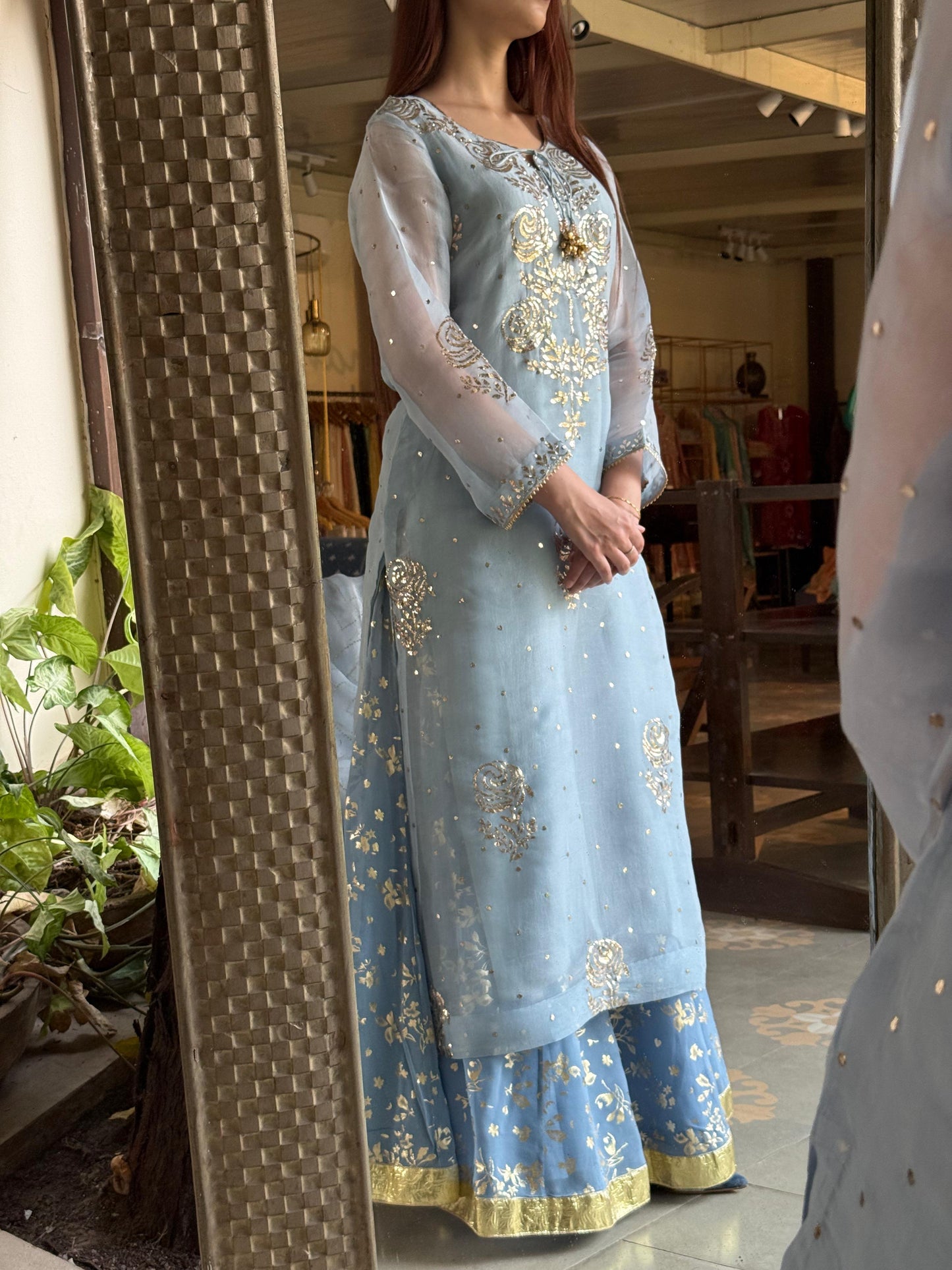 Powder Blue Foil Print Organza Chikankari Ready to Wear Sharara Set