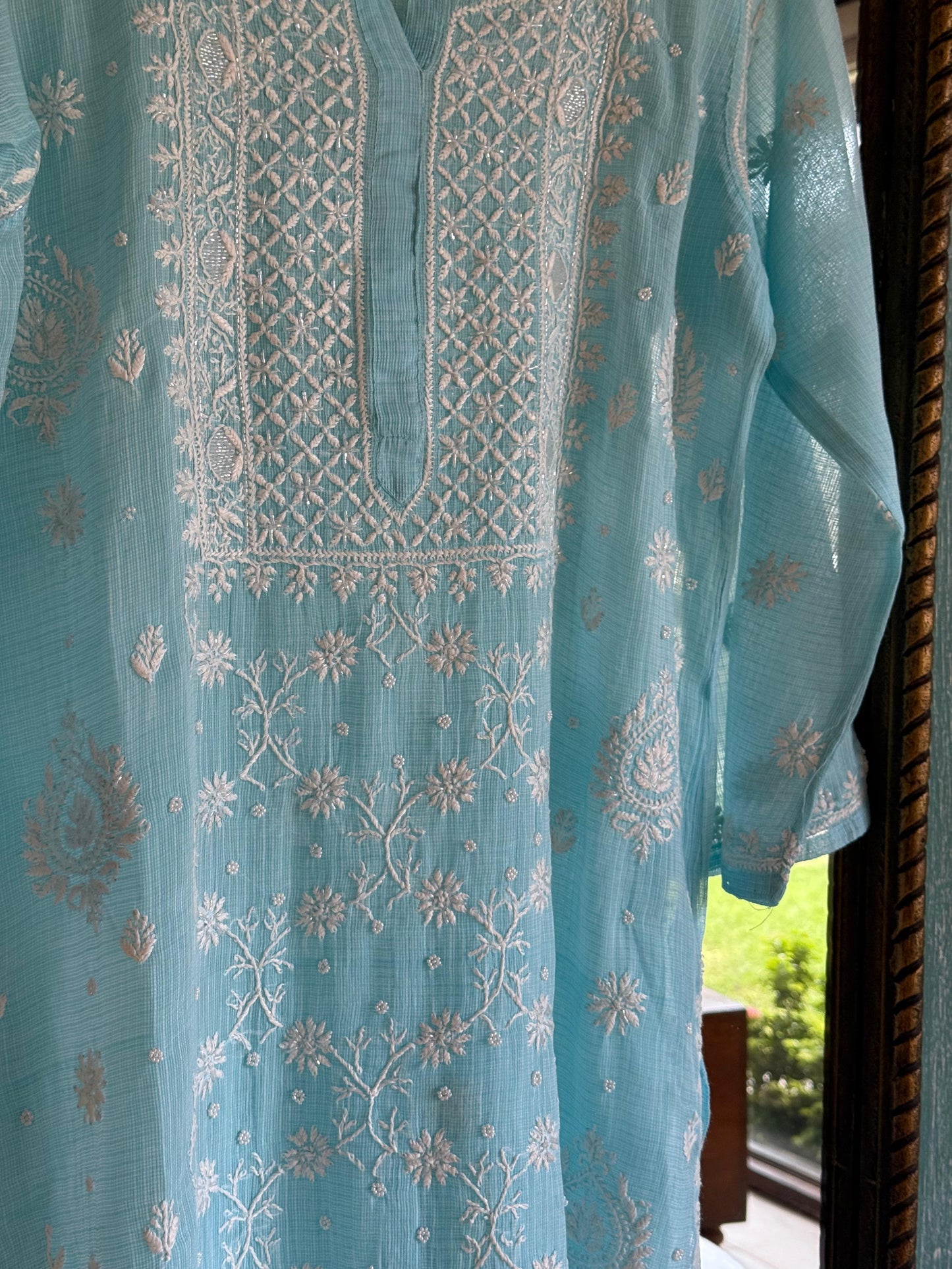 Blue Sequinned Chikankari Kota Kurta