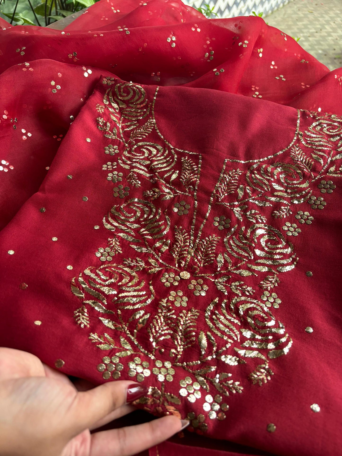 Berry Red Chanderi Silk Mukaish Badla Unstitched Fabrics