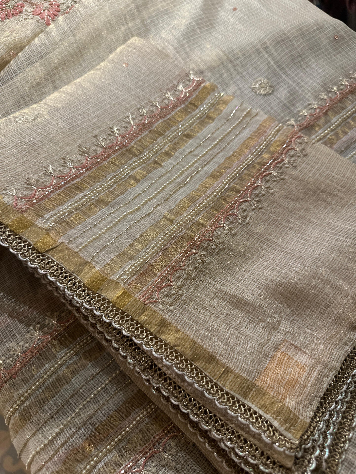 Beige Peach Tissue Kota Chikankari Unstitched Fabric