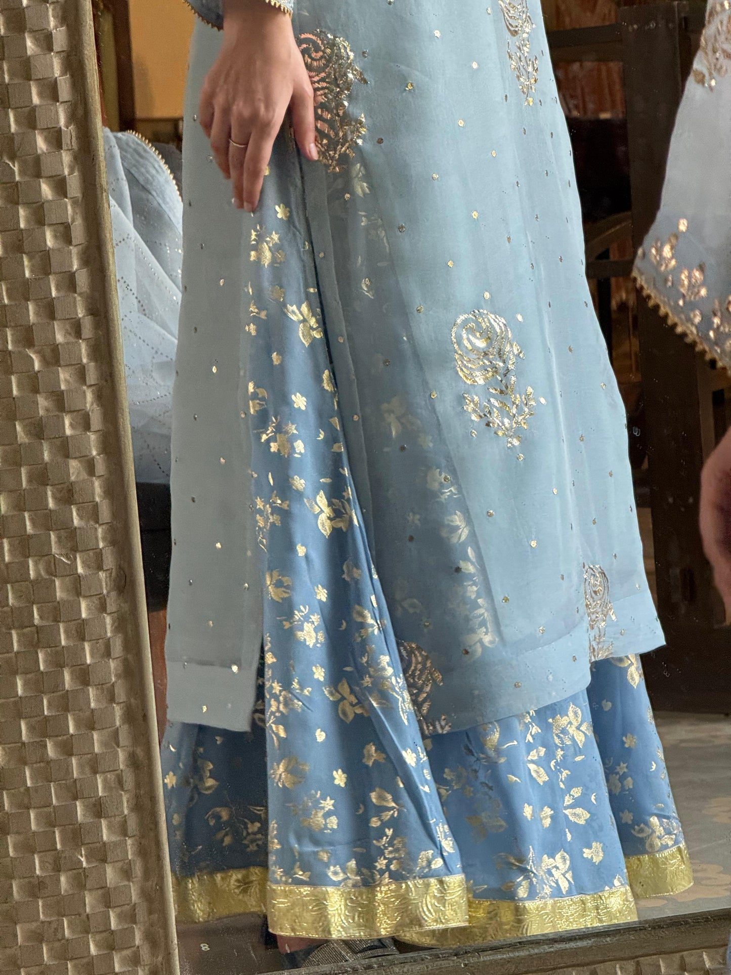Powder Blue Foil Print Organza Chikankari Ready to Wear Sharara Set
