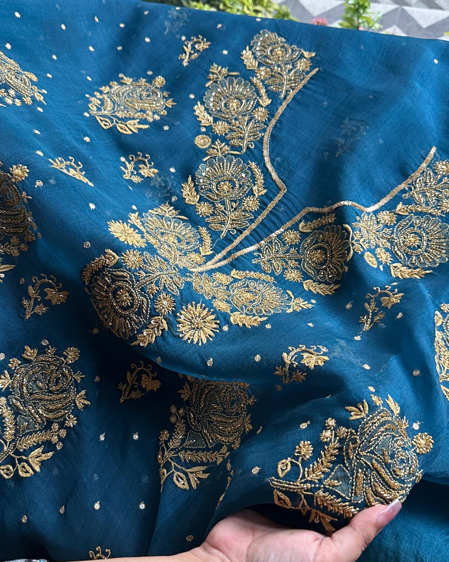 Prussian Blue Noor Organza Silk Chikankari Unstitched Kurta Dupatta Set