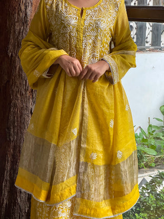 Yellow Tissue Silk Chikankari Straight Cut Kurta Dupatta Set