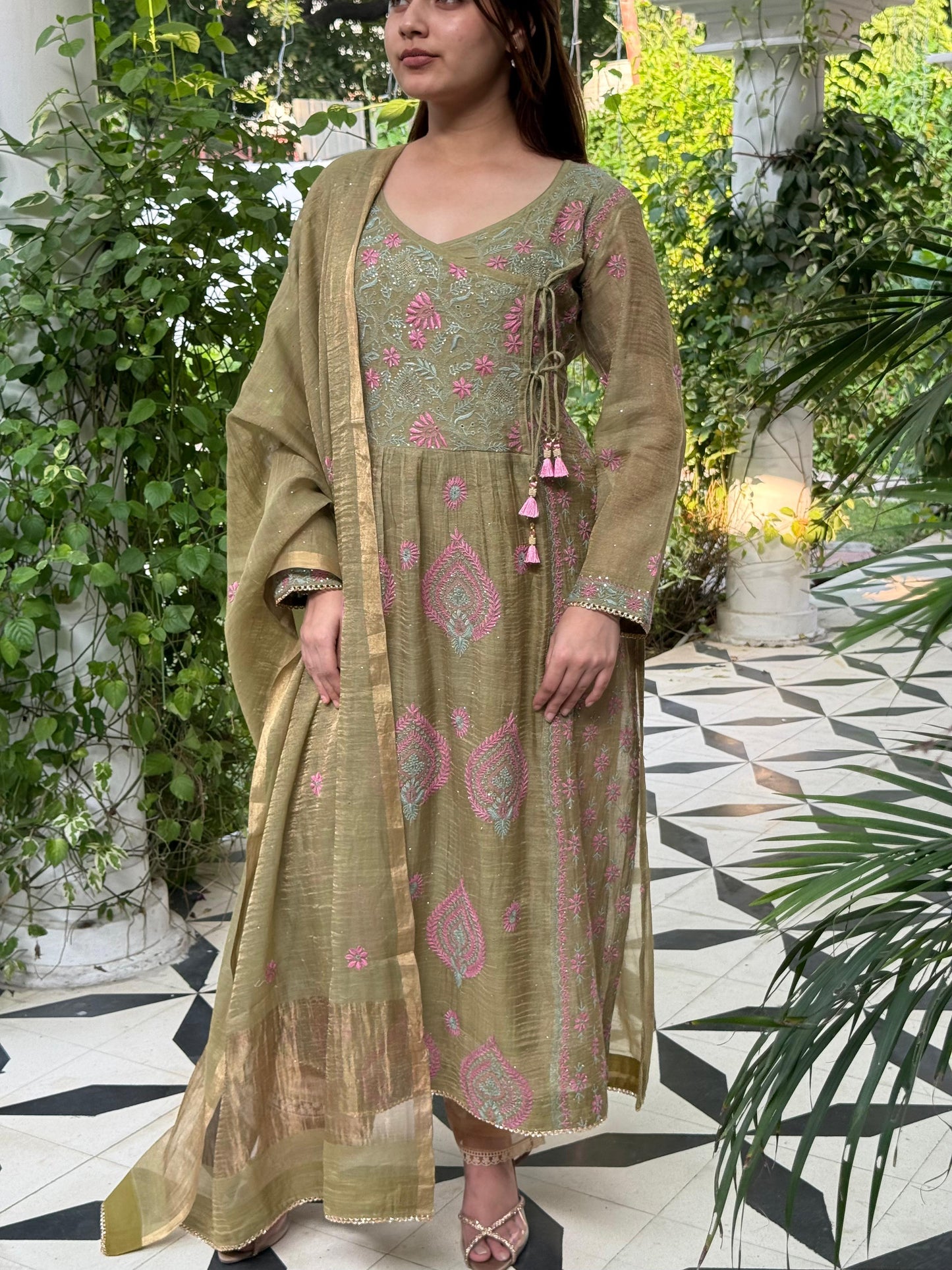 Mehndi Green Tissue Silk Chikankari Angarkha