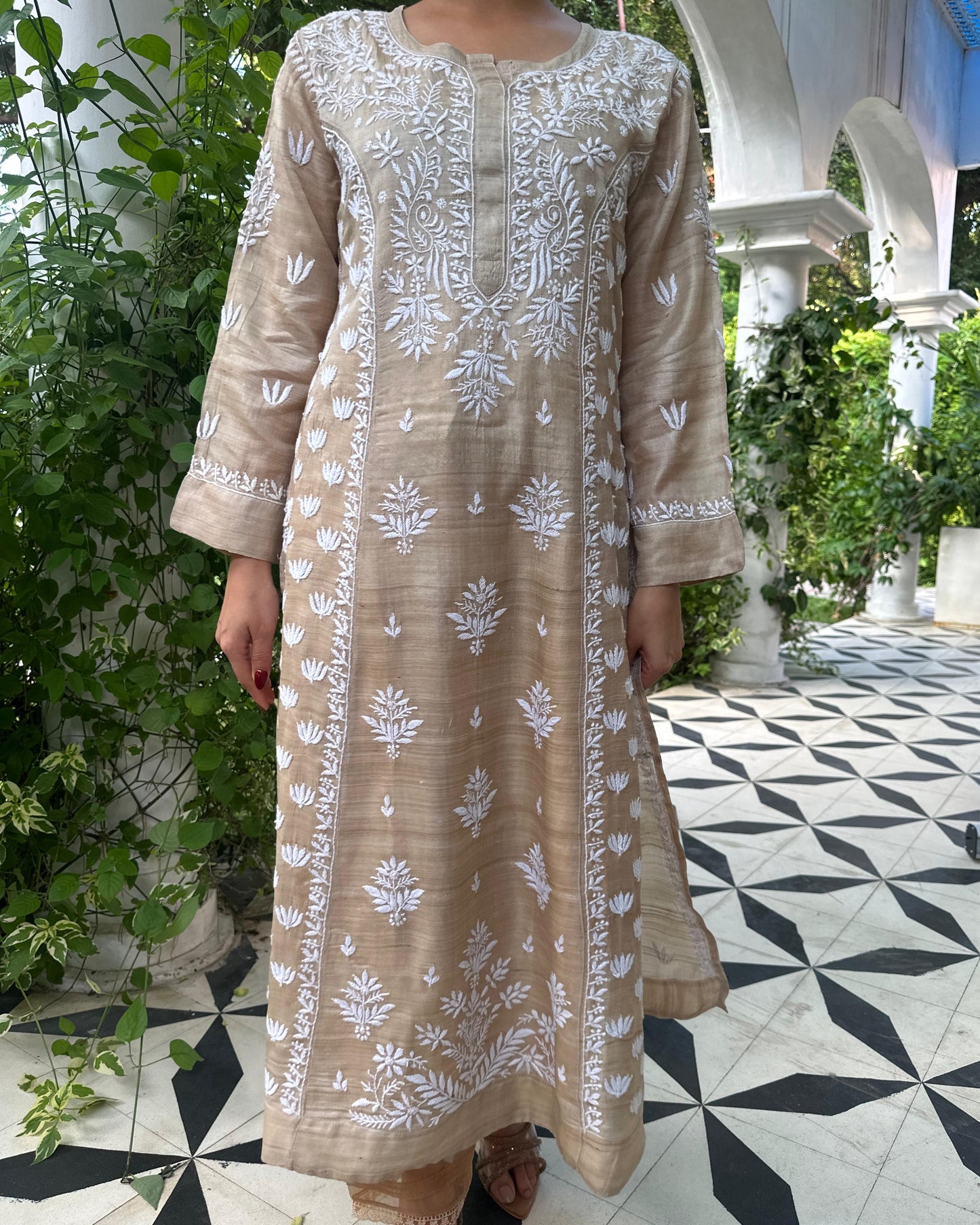 Natural Tussar Silk Chikankari Ready to Wear Kurta Dress