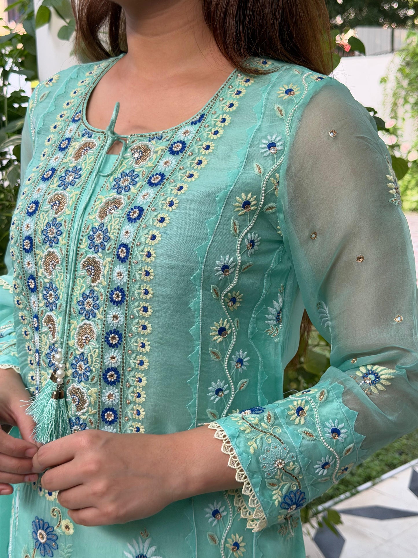 Blue Shade Noor Organza Silk Chikankari Straight Cut Kurta Dupatta Set