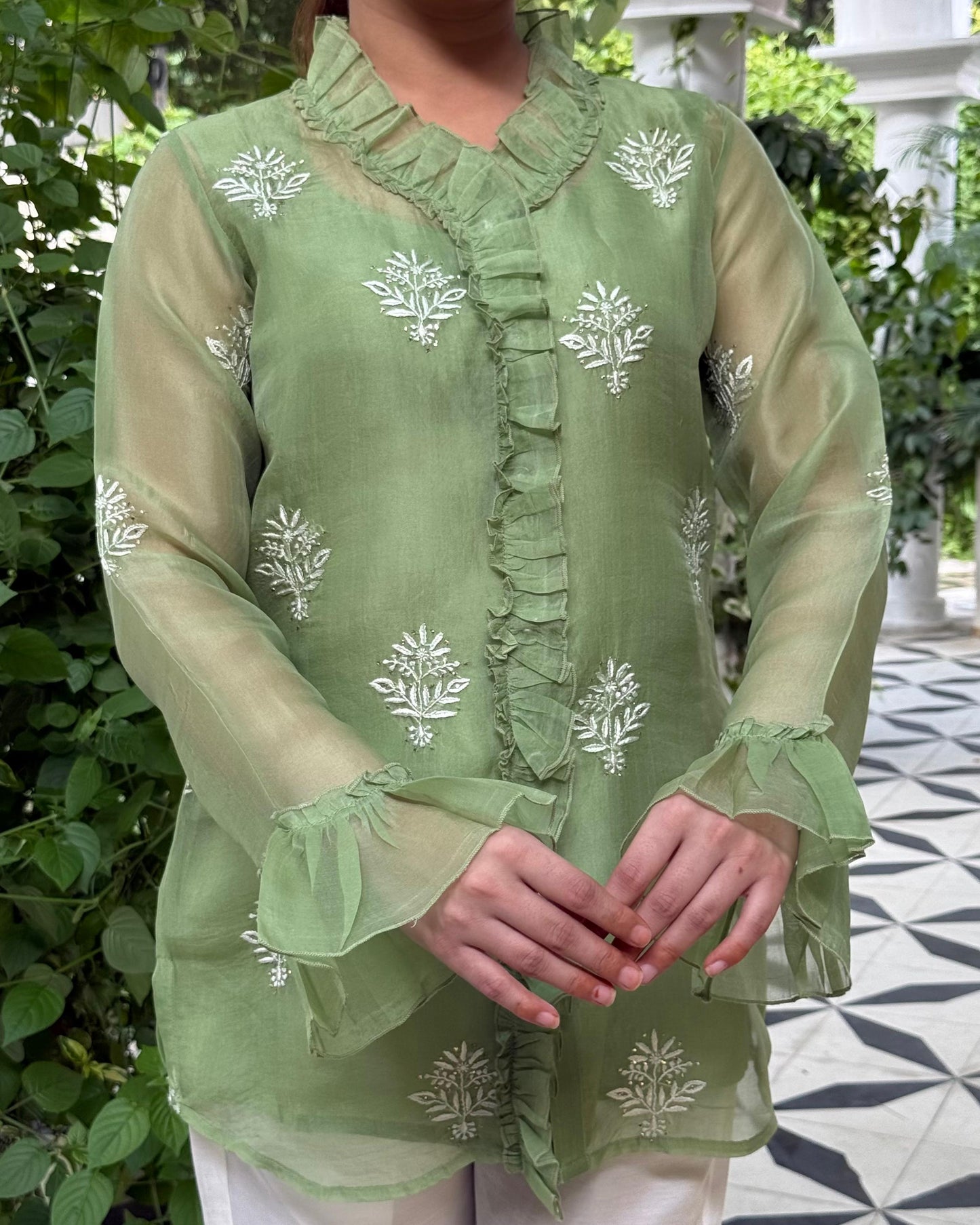 Pista Green Noor Organza Frill Lace With Resham Chikankari Short Top