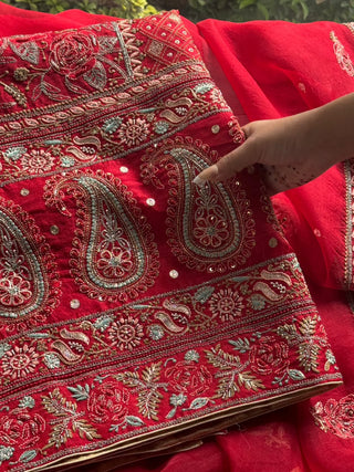 Red Shade Noor Banarasi Organza Chikankari Unstitched Fabric