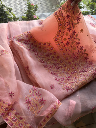 Peach & Pink Shade Noor Organza Silk Chikankari Unstitched Kurta Dupatta Set