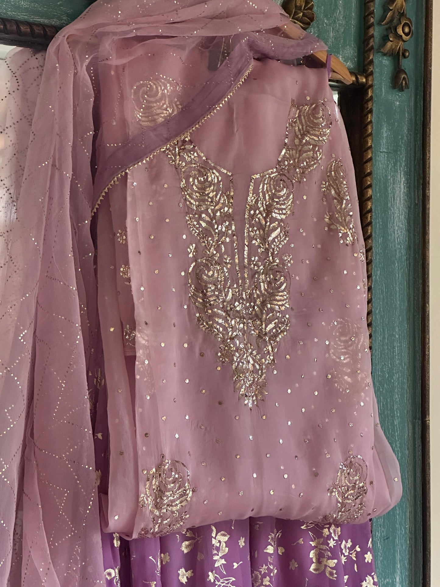Lilac Purple Shade Foil Print Organza Chikankari Sharara Set