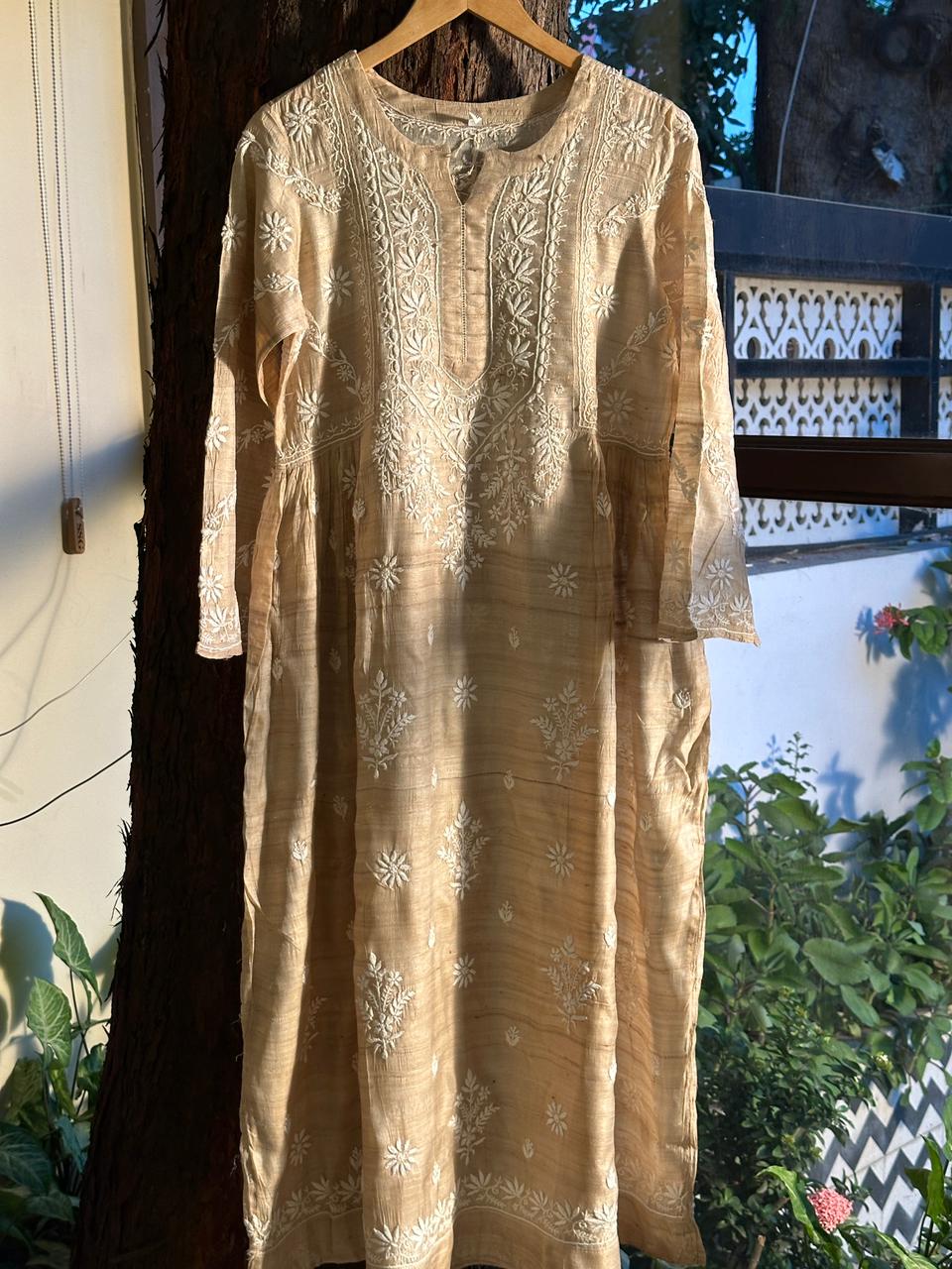 Natural Tussar Silk Chikankari Ready to Wear A Line Kurta