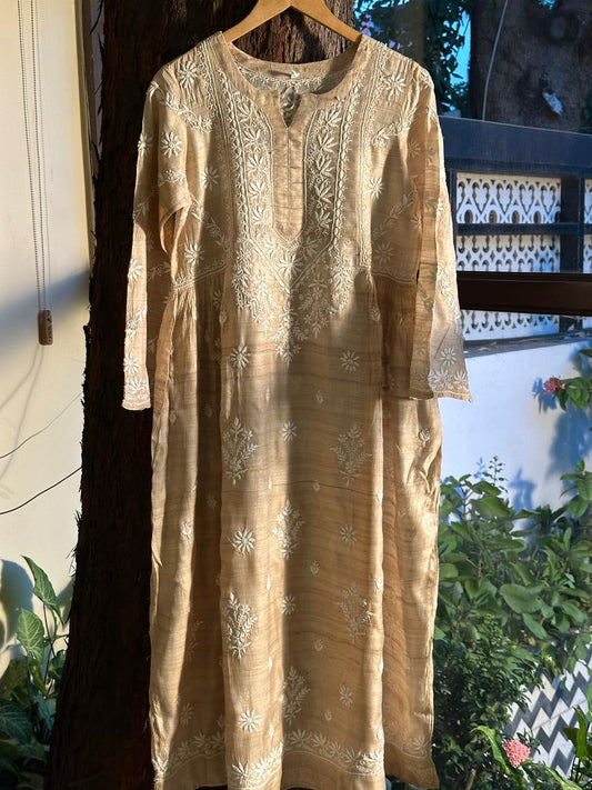 Natural Tussar Silk Chikankari Ready to Wear A Line Kurta