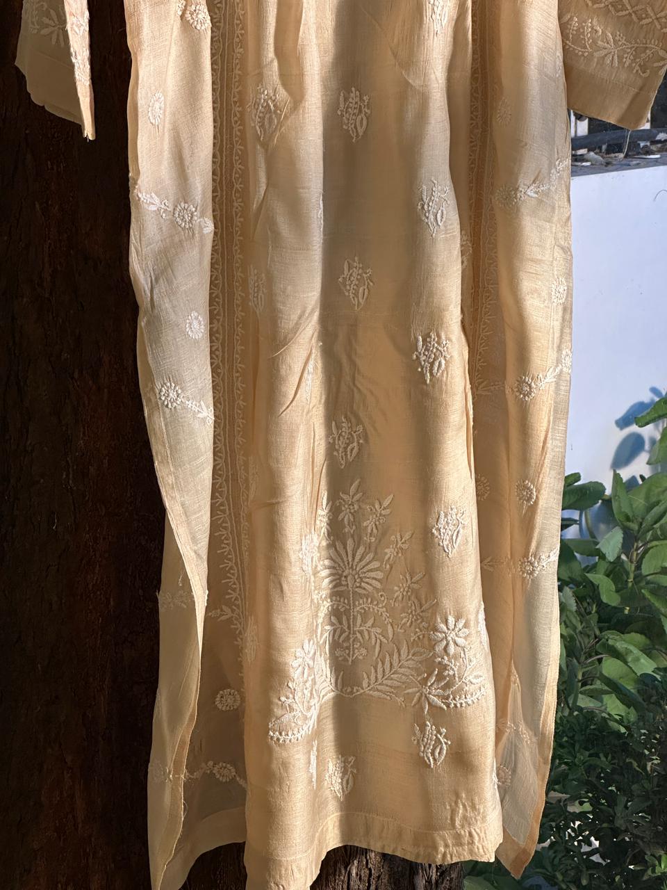 Natural Tussar Silk Chikankari Ready to Wear A Line Kurta