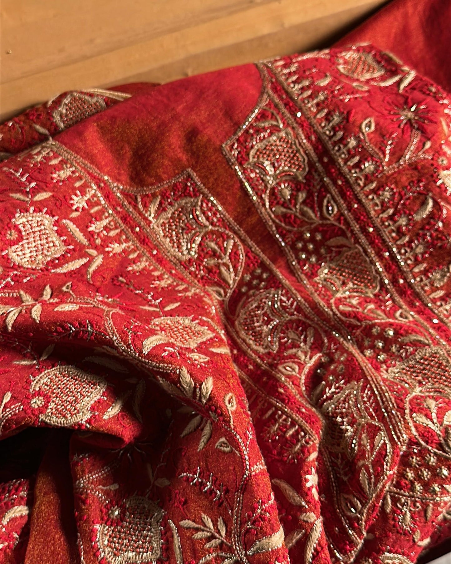 Red Tissue Silk Chikankari Unstitched Fabric