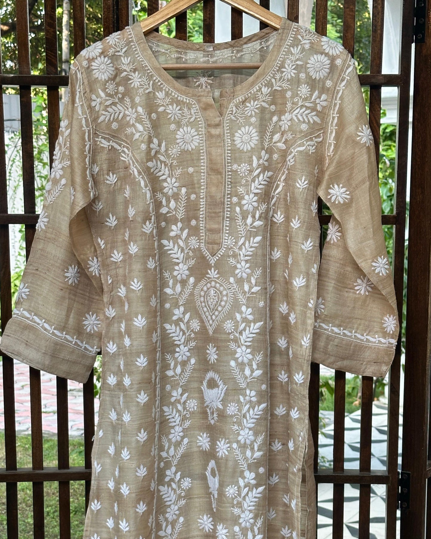 Natural Beige Tussar Silk Chikankari Ready to Wear Kurta