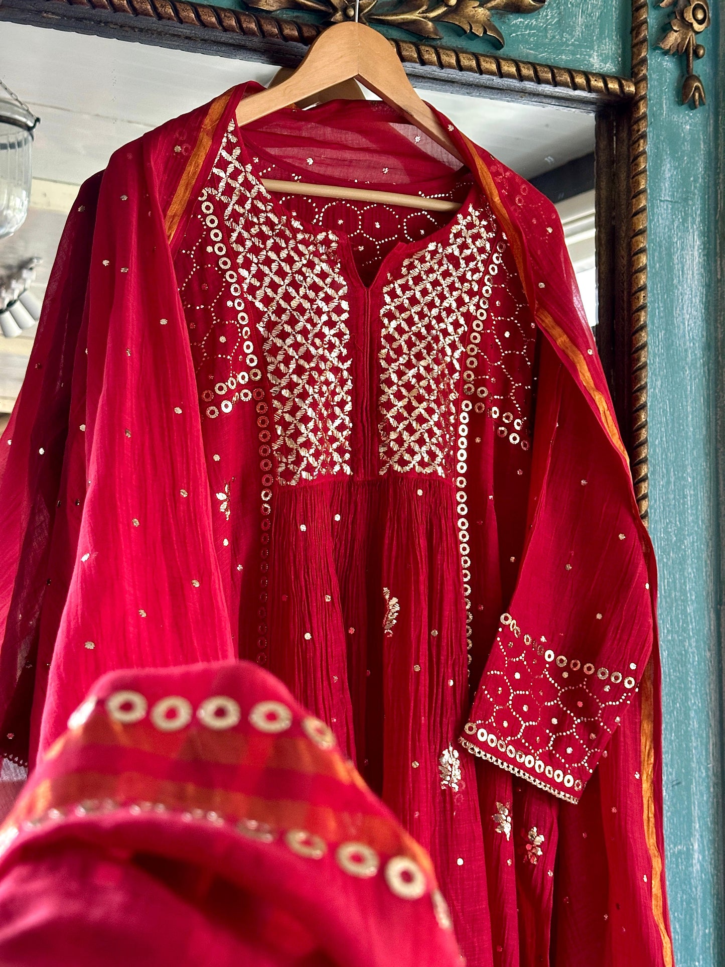 Cherry Red Shade Mukaish Mul Chanderi Silk Dress