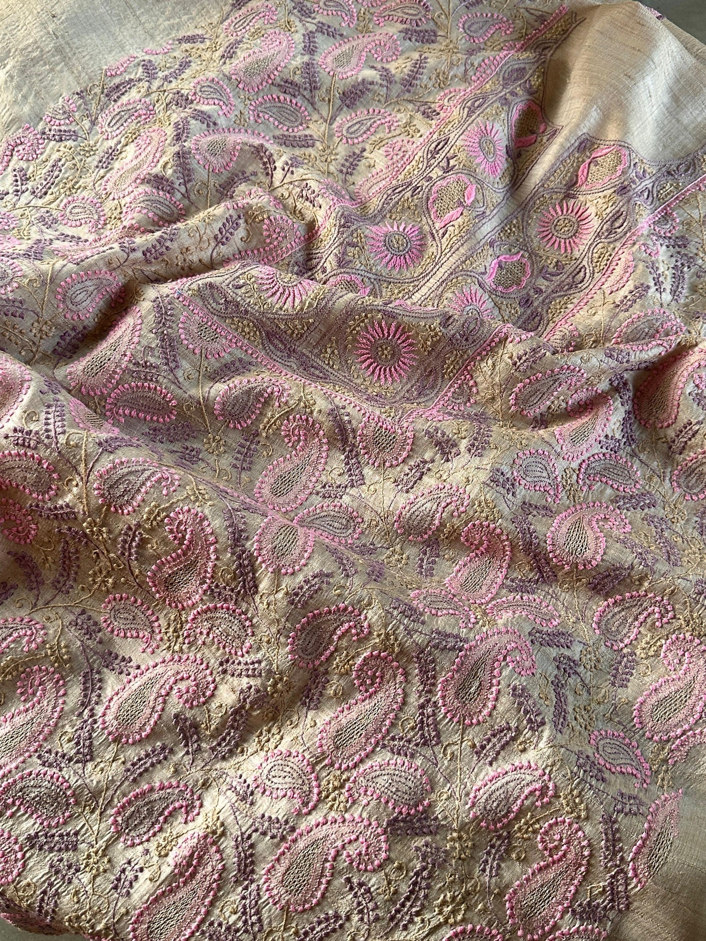 Natural Shade Tussar Silk Chikankari Fabric