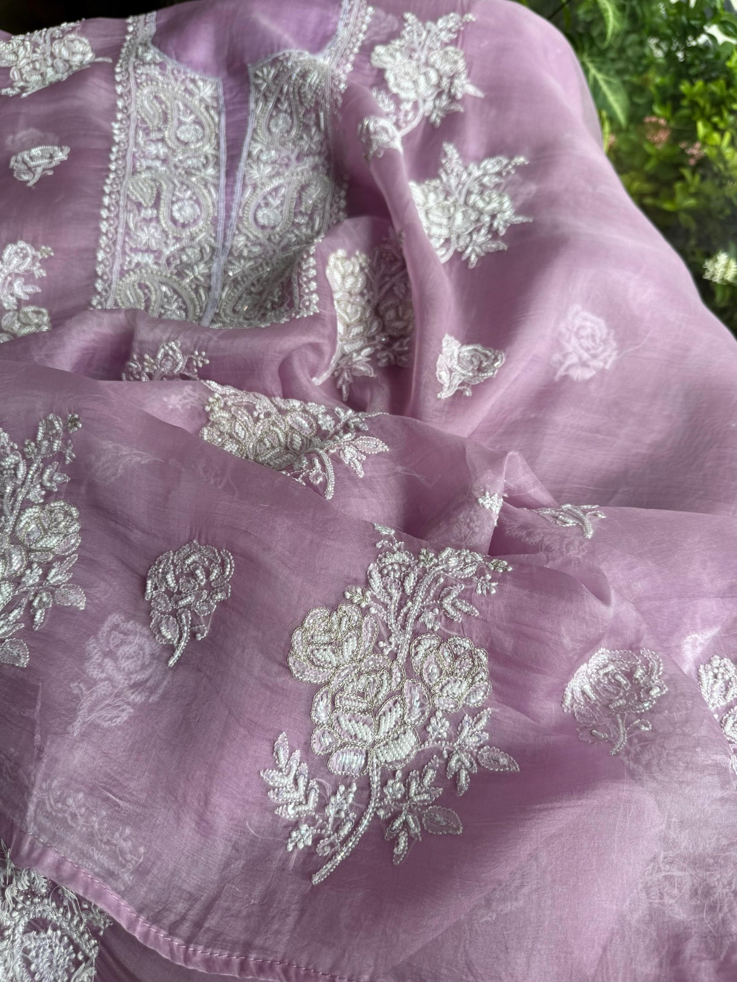 Lavender Pink Noor Organza Silk Chikankari Unstitched Kurta Dupatta Set