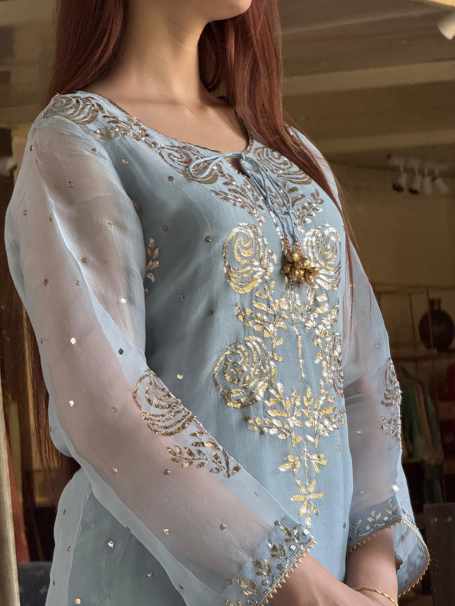 Powder Blue Foil Print Organza Chikankari Ready to Wear Sharara Set