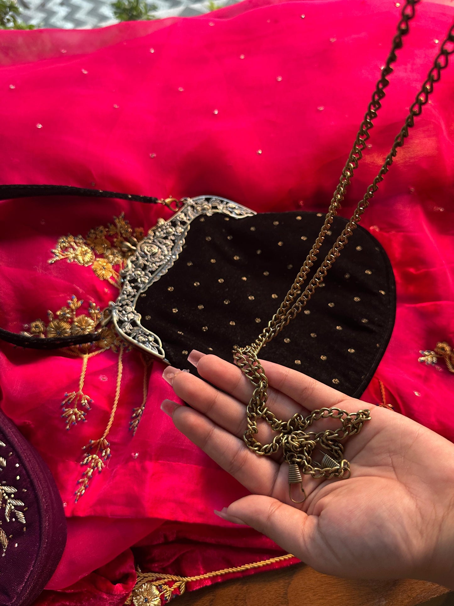 Burgundy Shade Velvet Ari Mukaish Zardosi Sling Bag