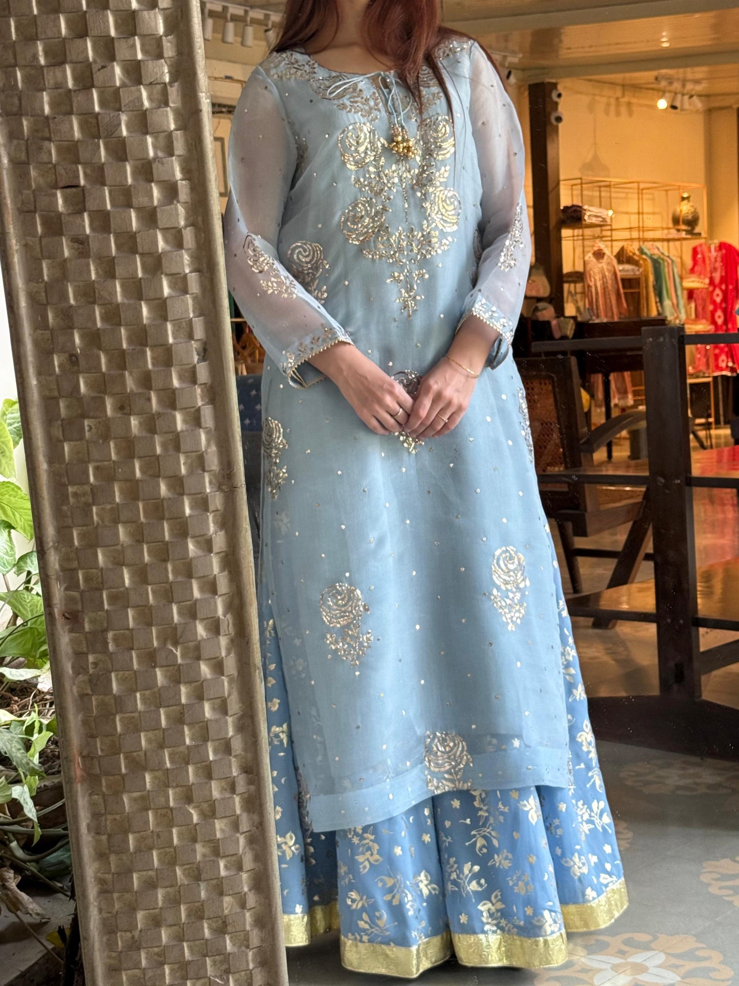 Powder Blue Foil Print Organza Chikankari Ready to Wear Sharara Set