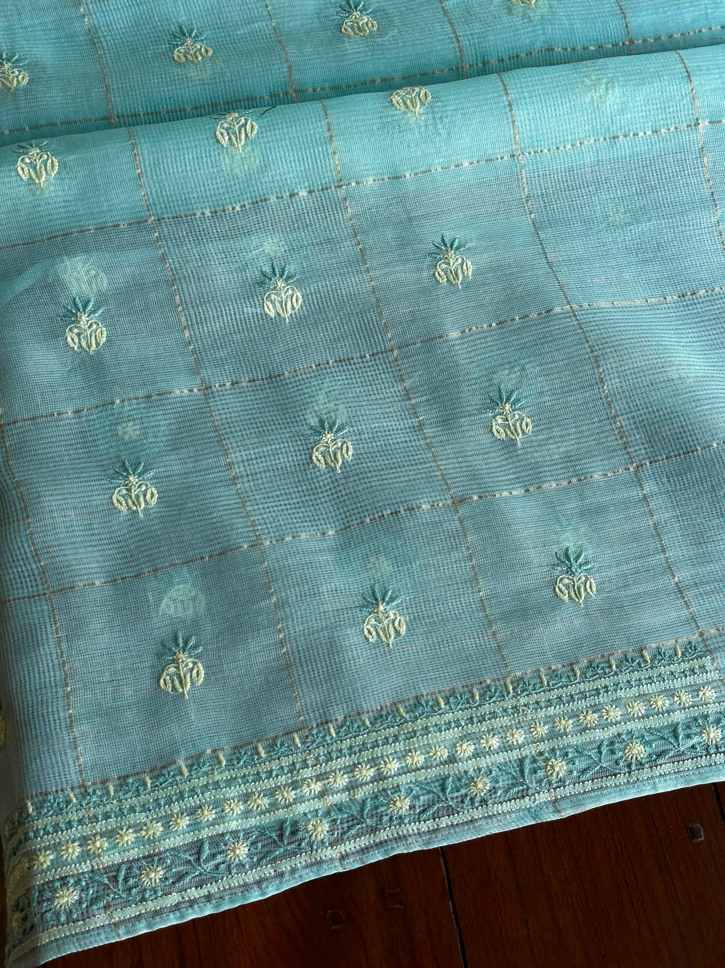 Aqua Green Shade Tissue Zari Kota Chikankari Unstitched Fabric
