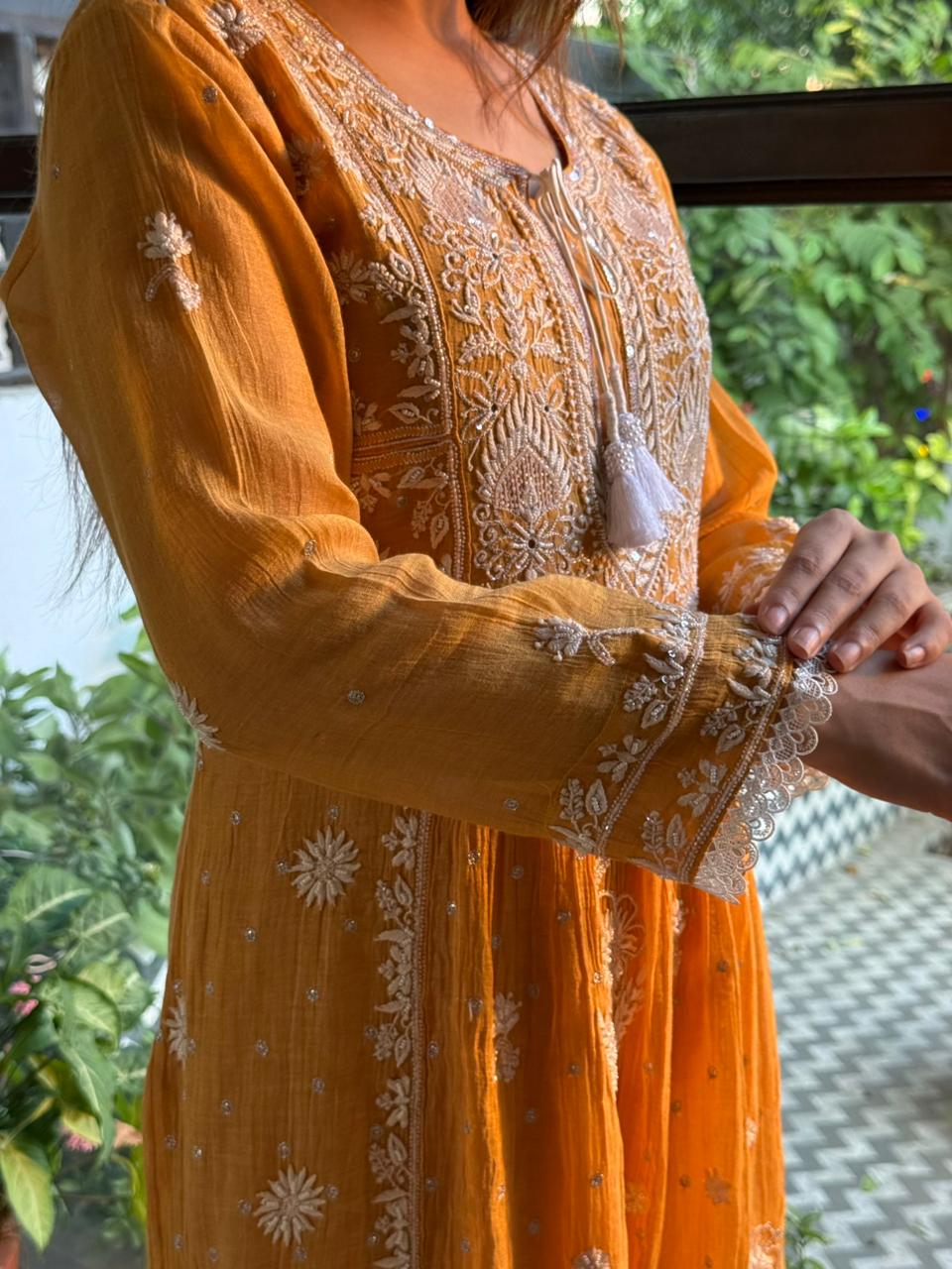 Tissue Silk Chikankari Angarkha With Ari & Beads Work