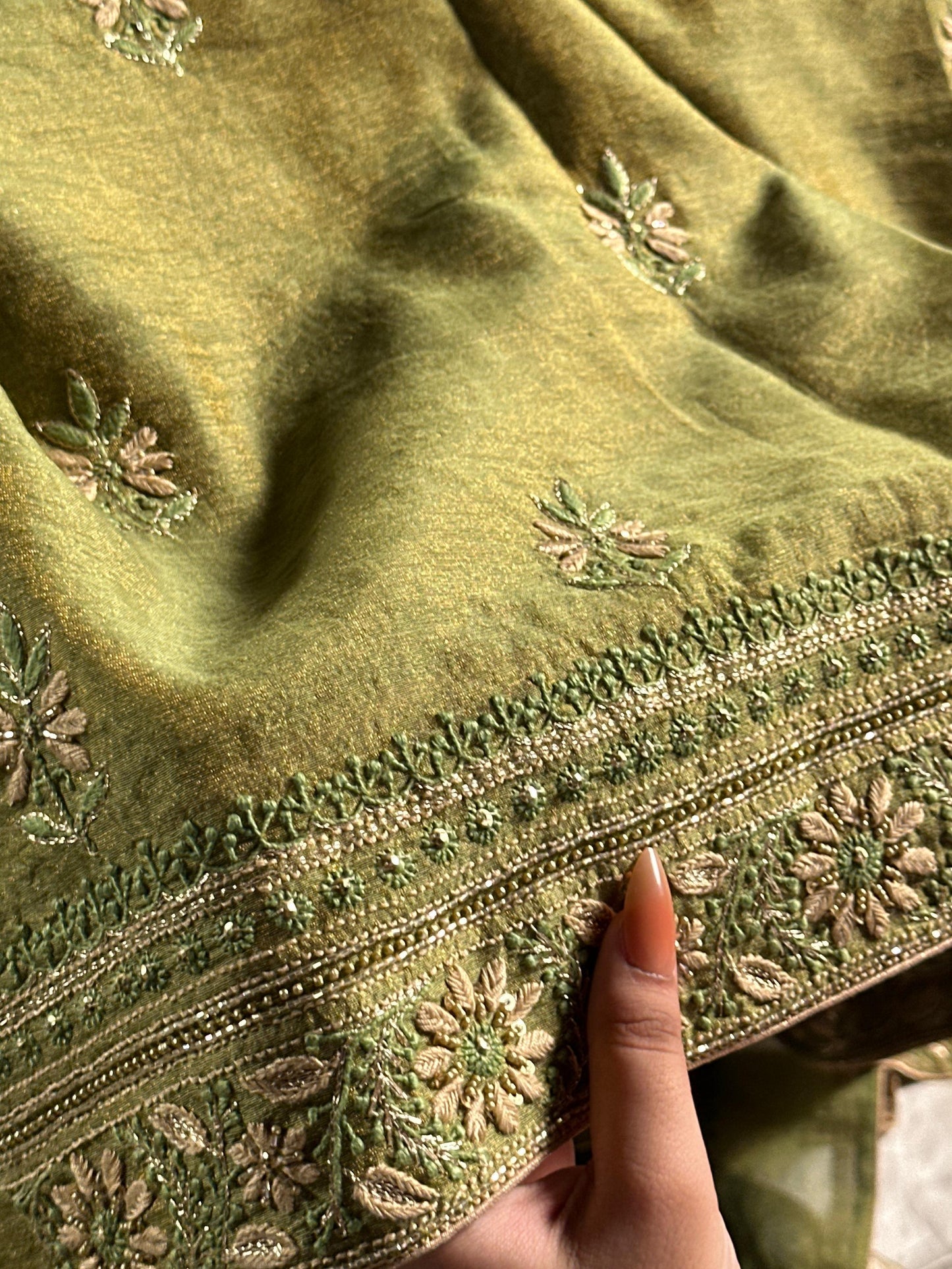 Green Tissue Silk Chikankari Unstitched Fabric