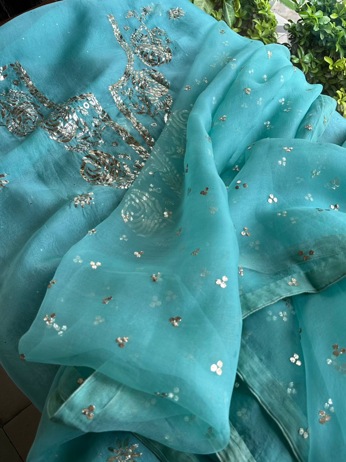 Aqua Mint Noor Organza Silk Mukaish Badla Unstitched Kurta Dupatta Set