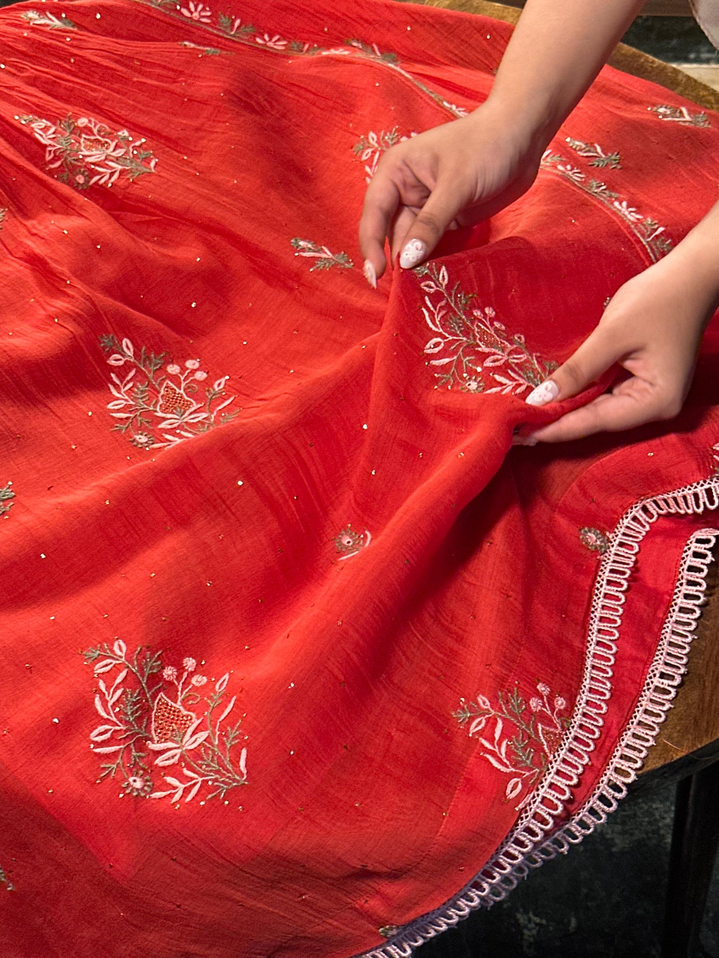 Saman Tomato Red | Malmal Mukaish Kamdani Chikankari Stitched Kurta Dupatta Set