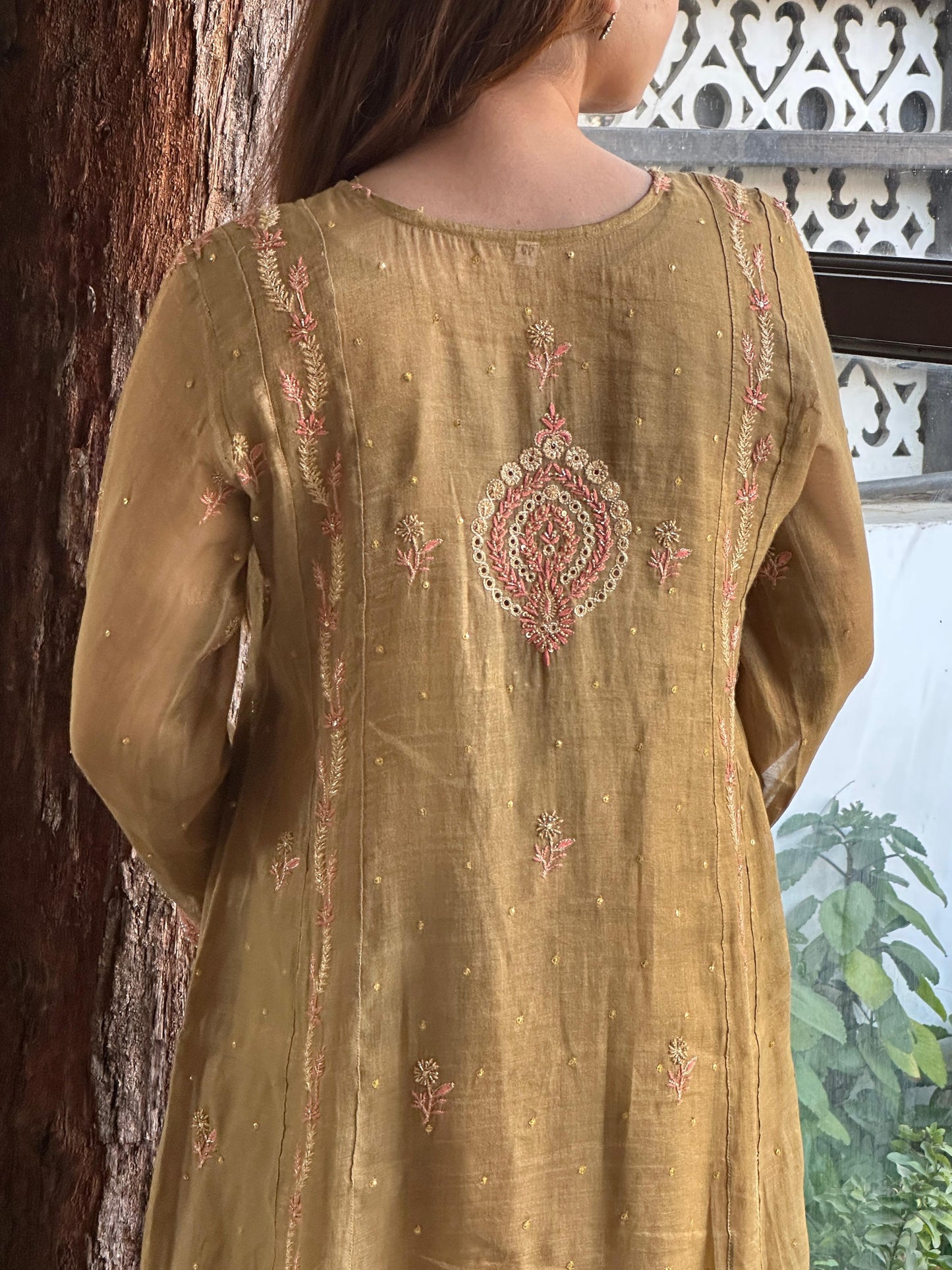 Mustard Shade Tissue Silk Chikankari Anarkali With Ari Work