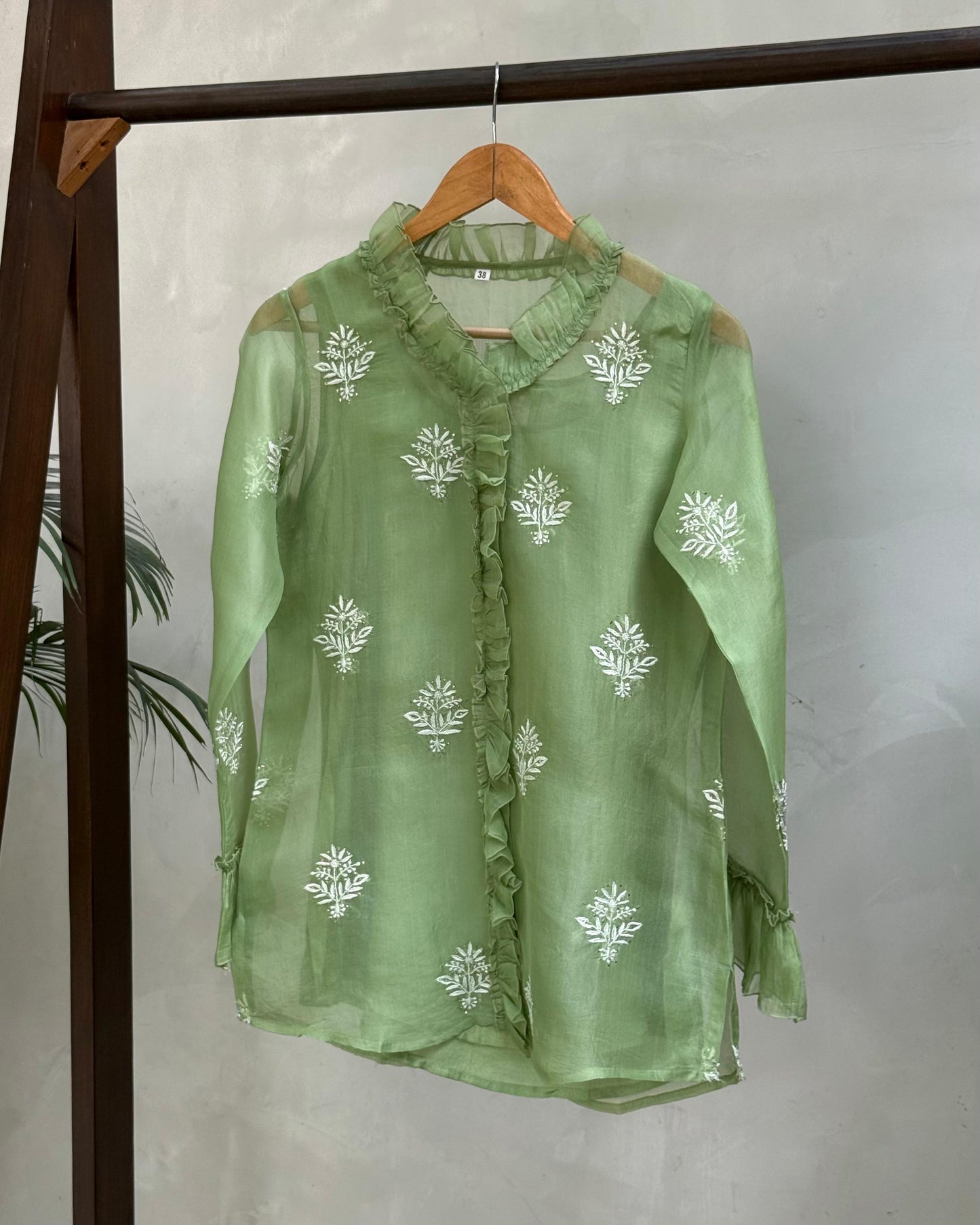 Pista Green Noor Organza Frill Lace With Resham Chikankari Short Top