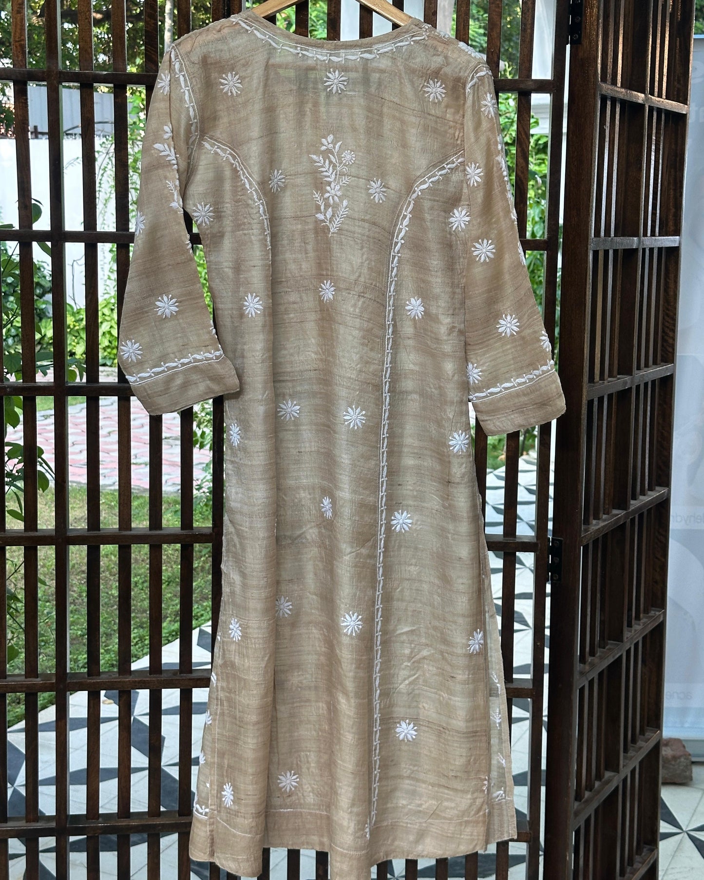 Natural Beige Tussar Silk Chikankari Ready to Wear Kurta
