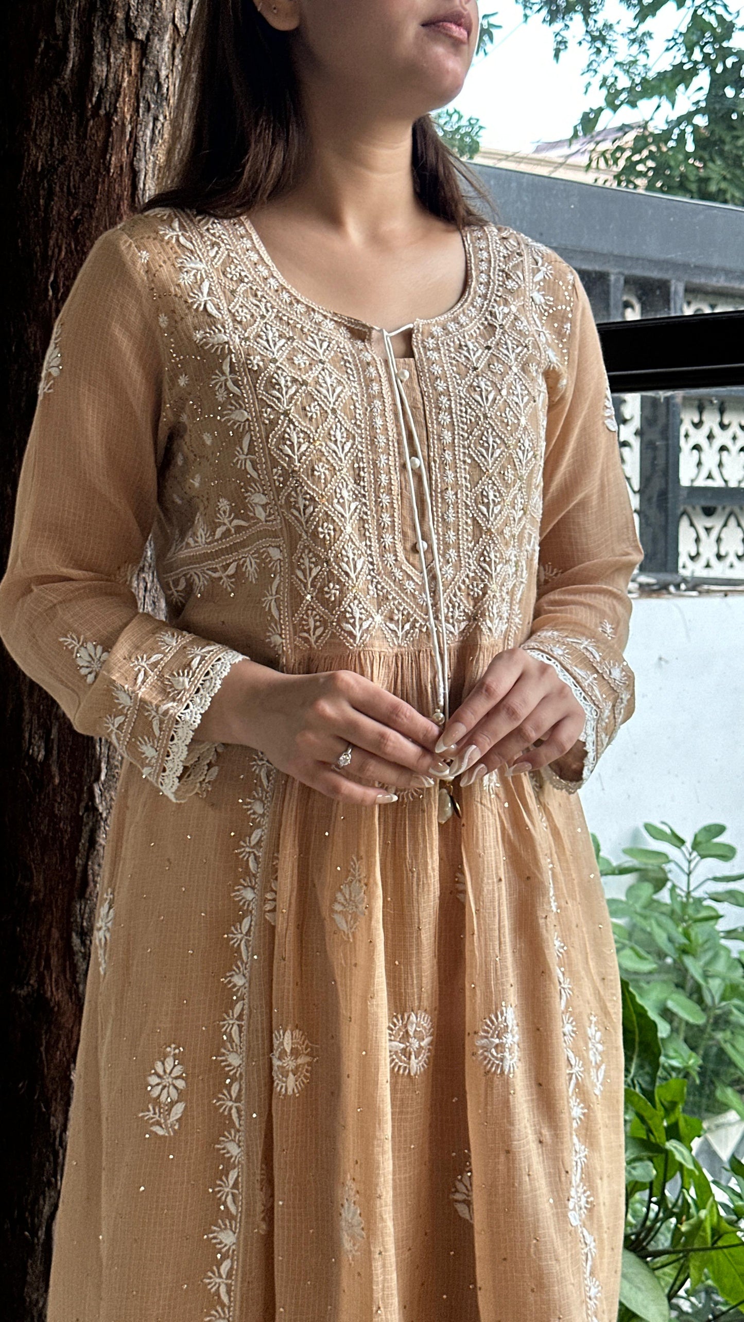 Beige Kota Chikankari with Mukaish Kamdani Tunics