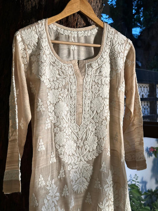 Natural Tussar Silk Chikankari Ready to Wear Straight Kurta