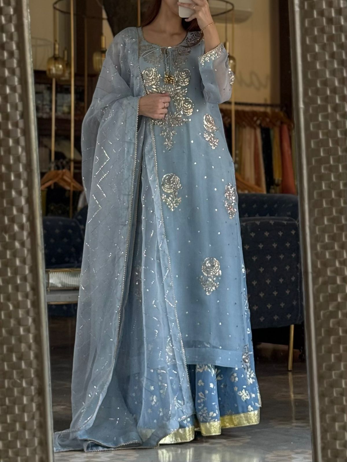 Powder Blue Foil Print Organza Chikankari Ready to Wear Sharara Set