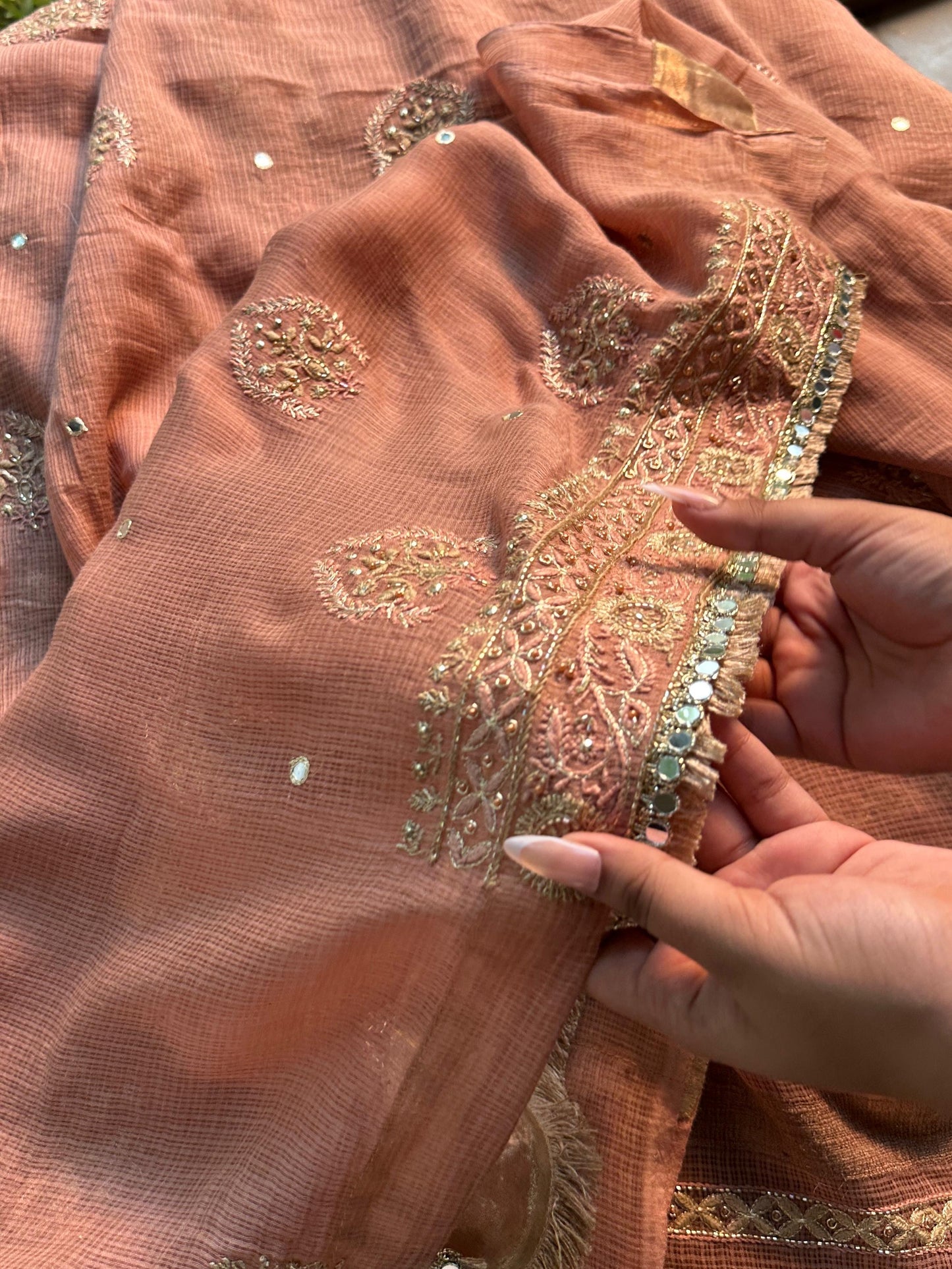 Old Rose Handloom Kota Chikankari With Mirror Work Unstitched Kurta Dupatta Set