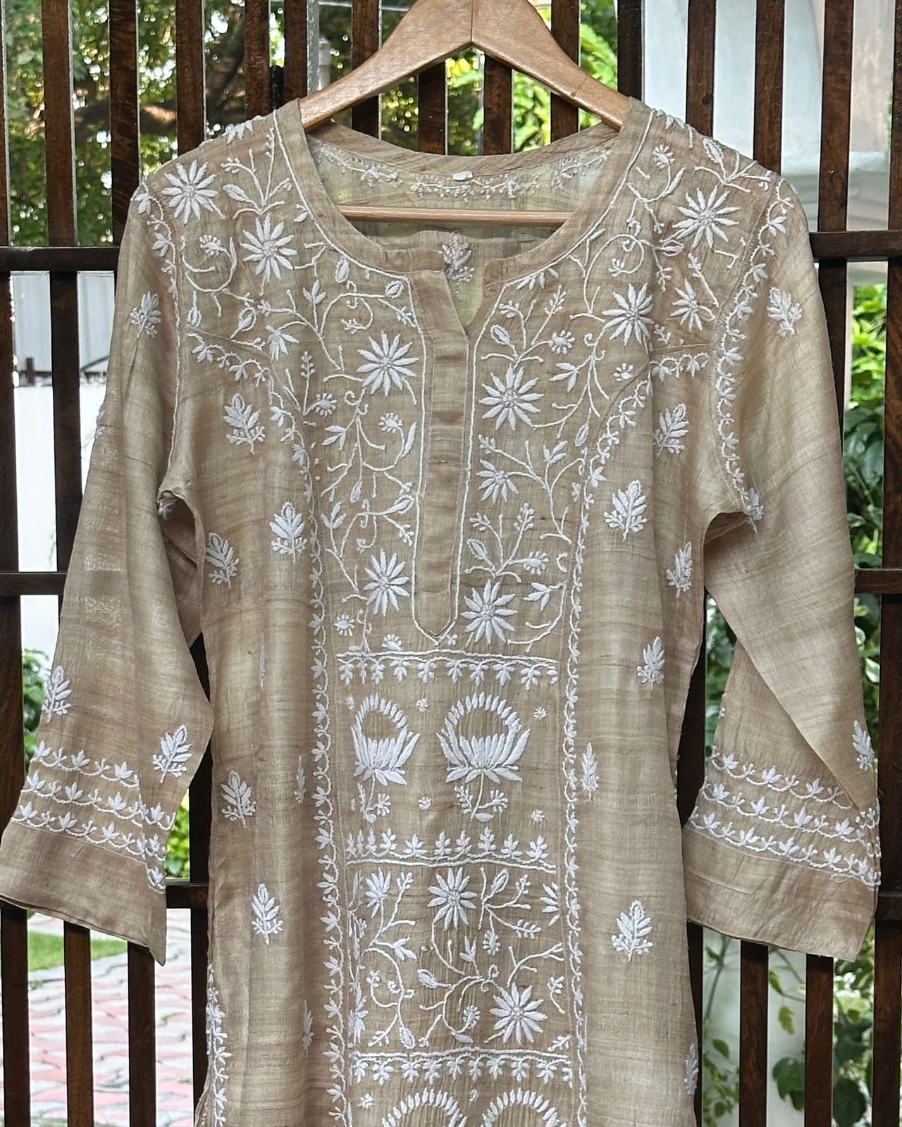 Natural Beige Tussar Silk Chikankari Ready to Wear Kurta