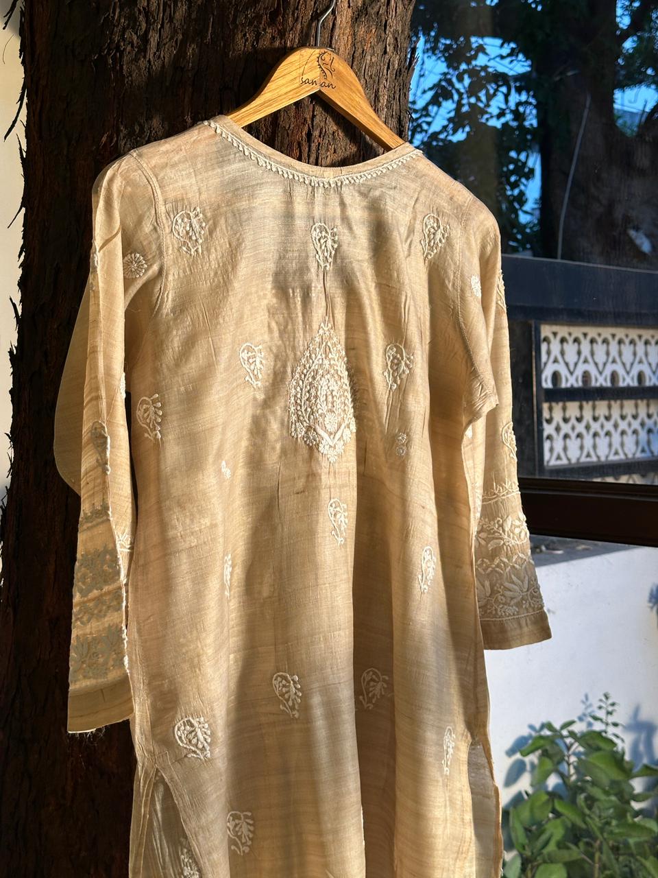 Natural Tussar Silk Chikankari Ready to Wear A Line Kurta
