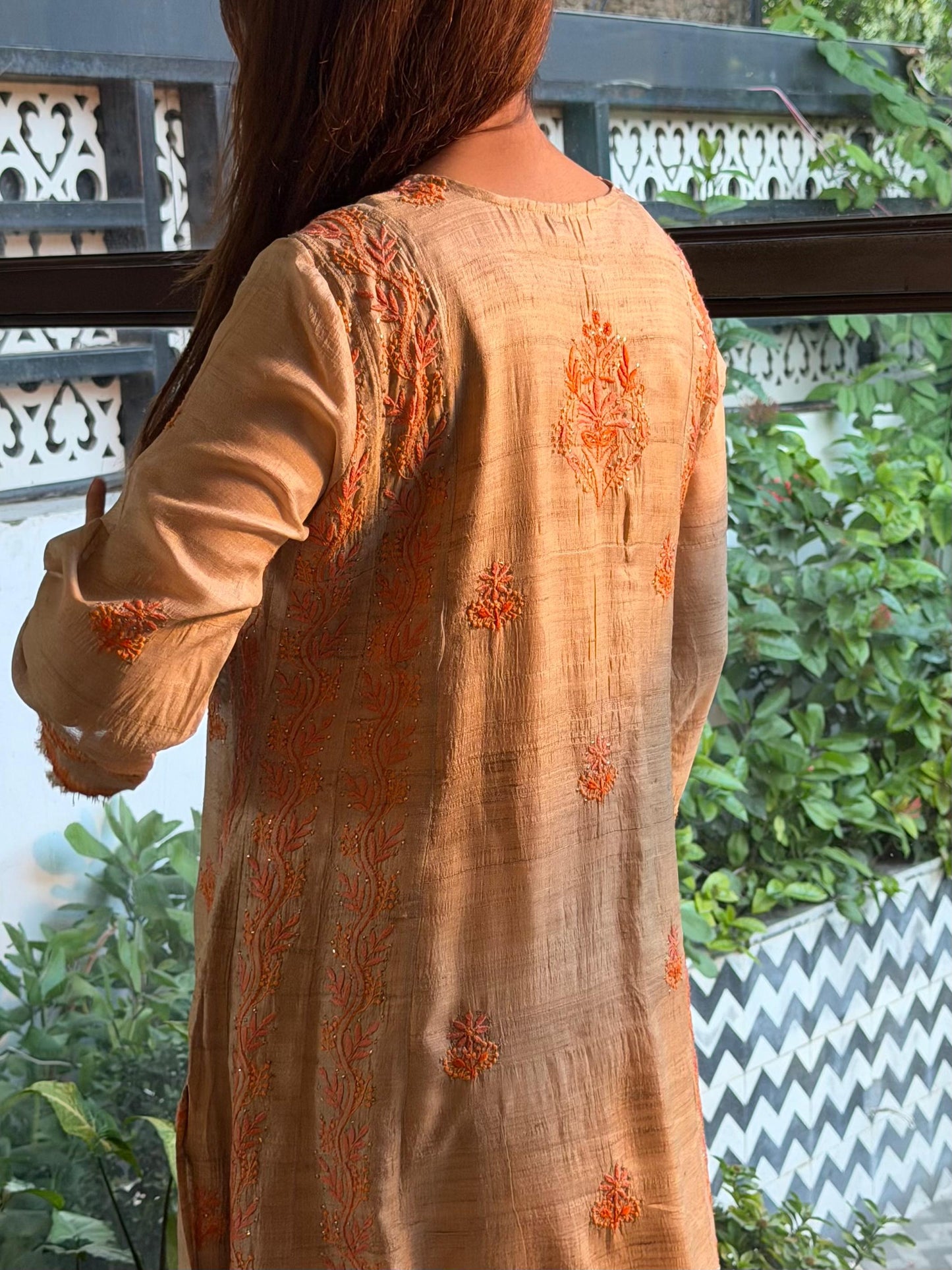 Basak Natural Tussar Silk Kalidar Chikankari Kurta Set