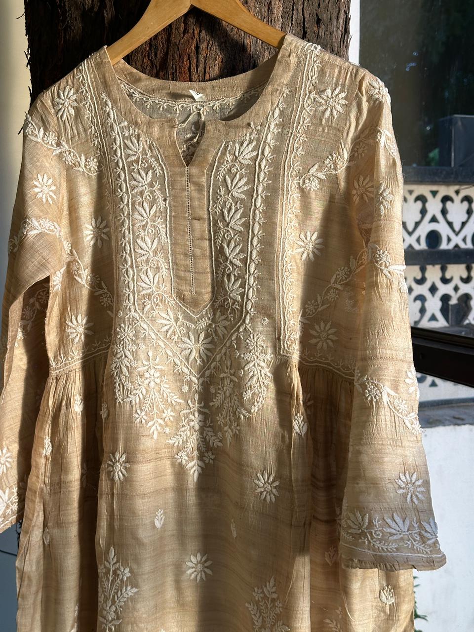Natural Tussar Silk Chikankari Ready to Wear A Line Kurta
