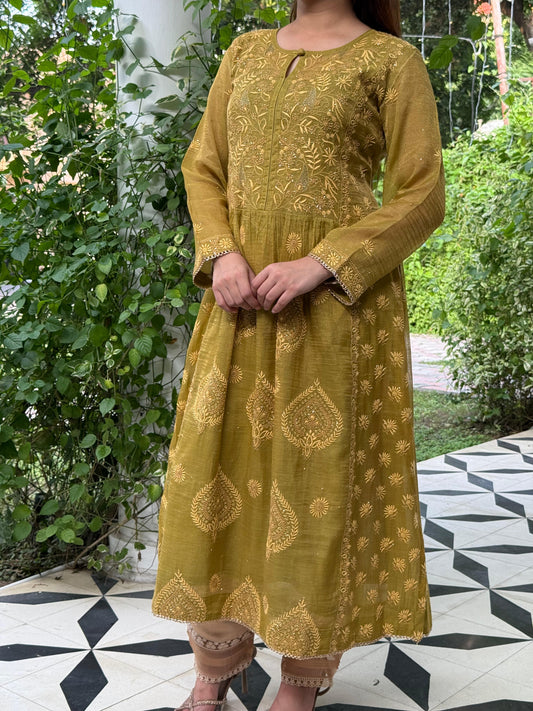 Fern Green Tissue Silk Chikankari Kalidar Kurta Dupatta Set