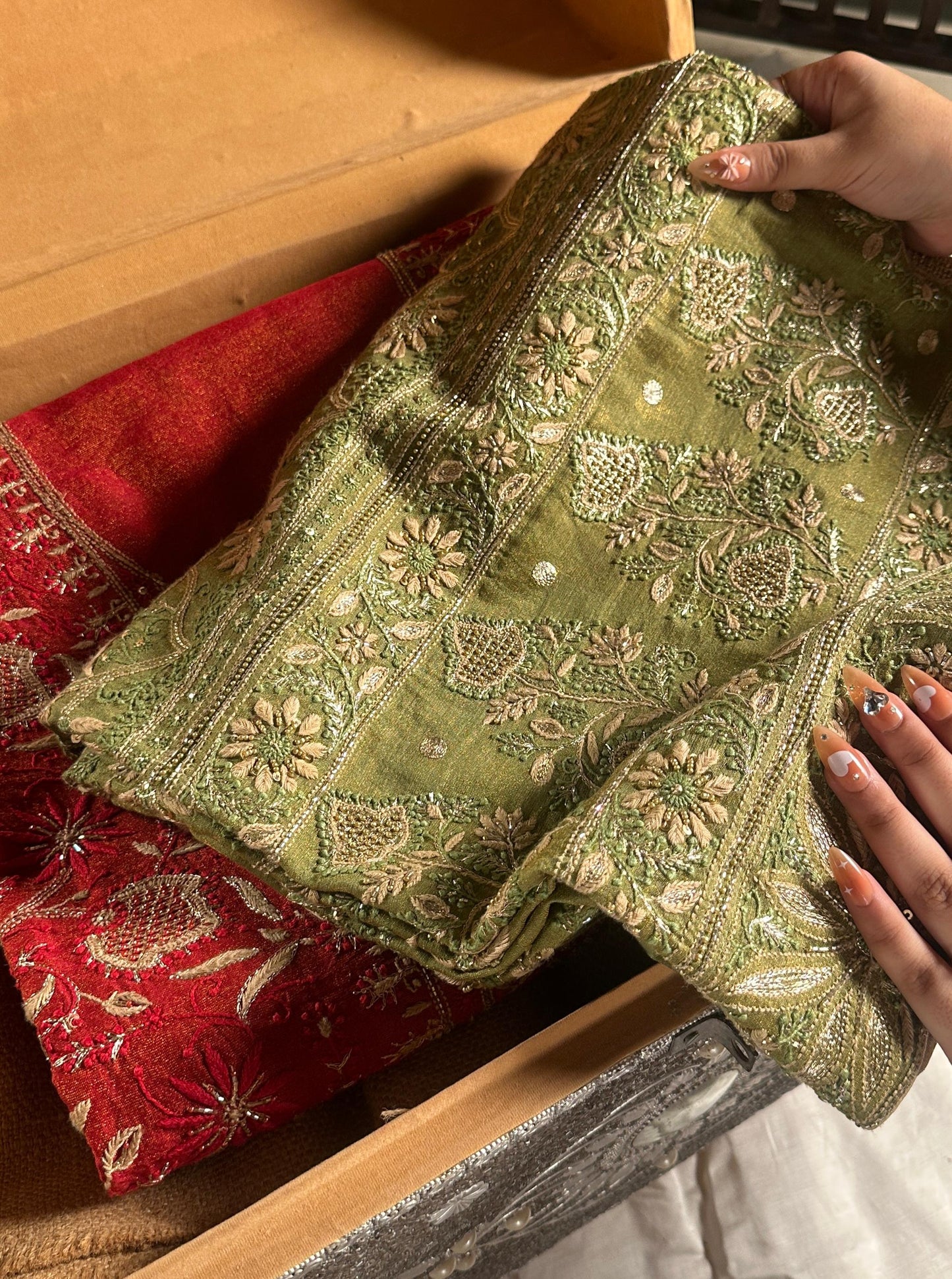 Green Tissue Silk Chikankari Unstitched Fabric