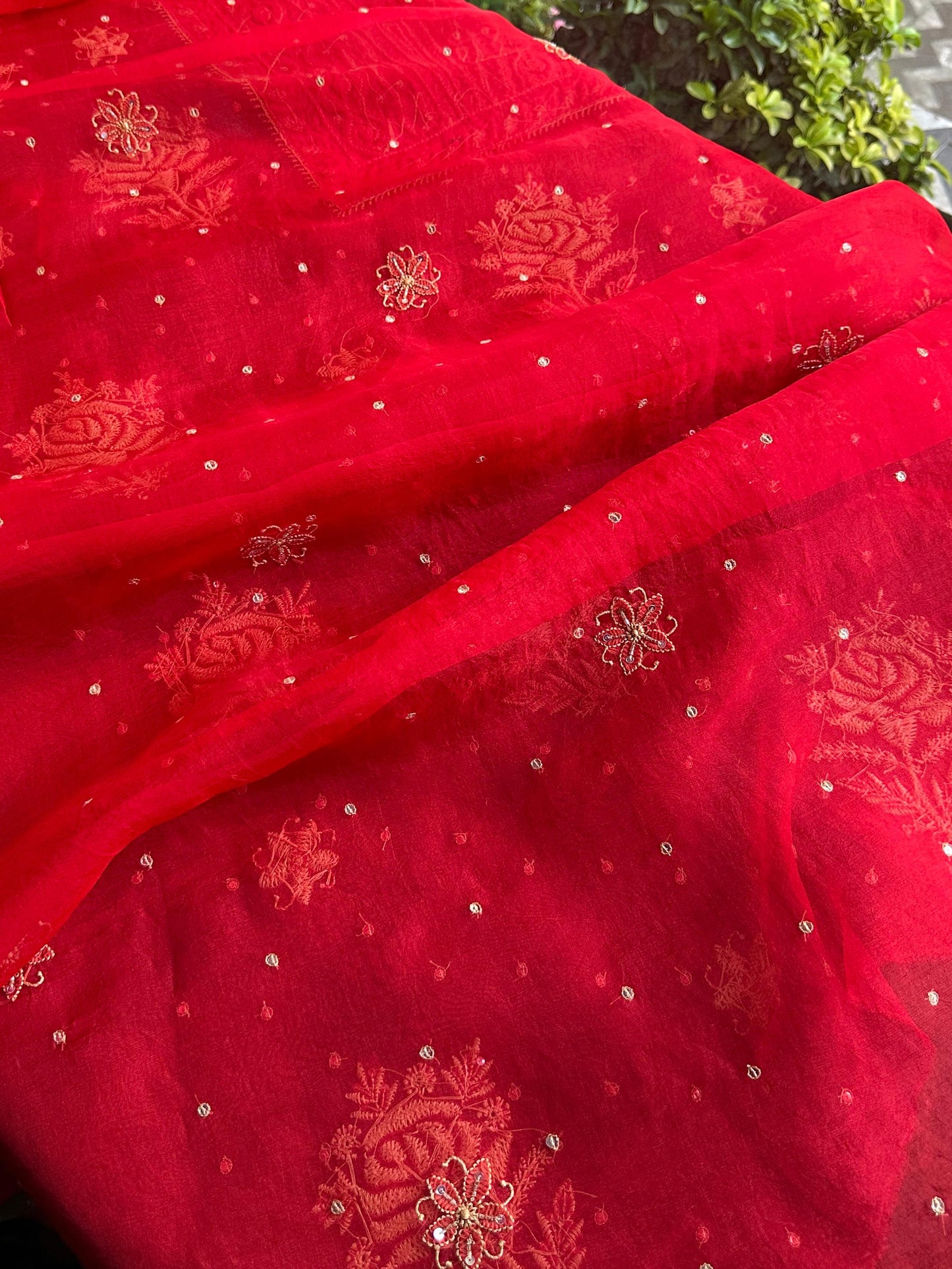 Red Noor Organza Silk Chikankari Unstitched Kurta Dupatta Set