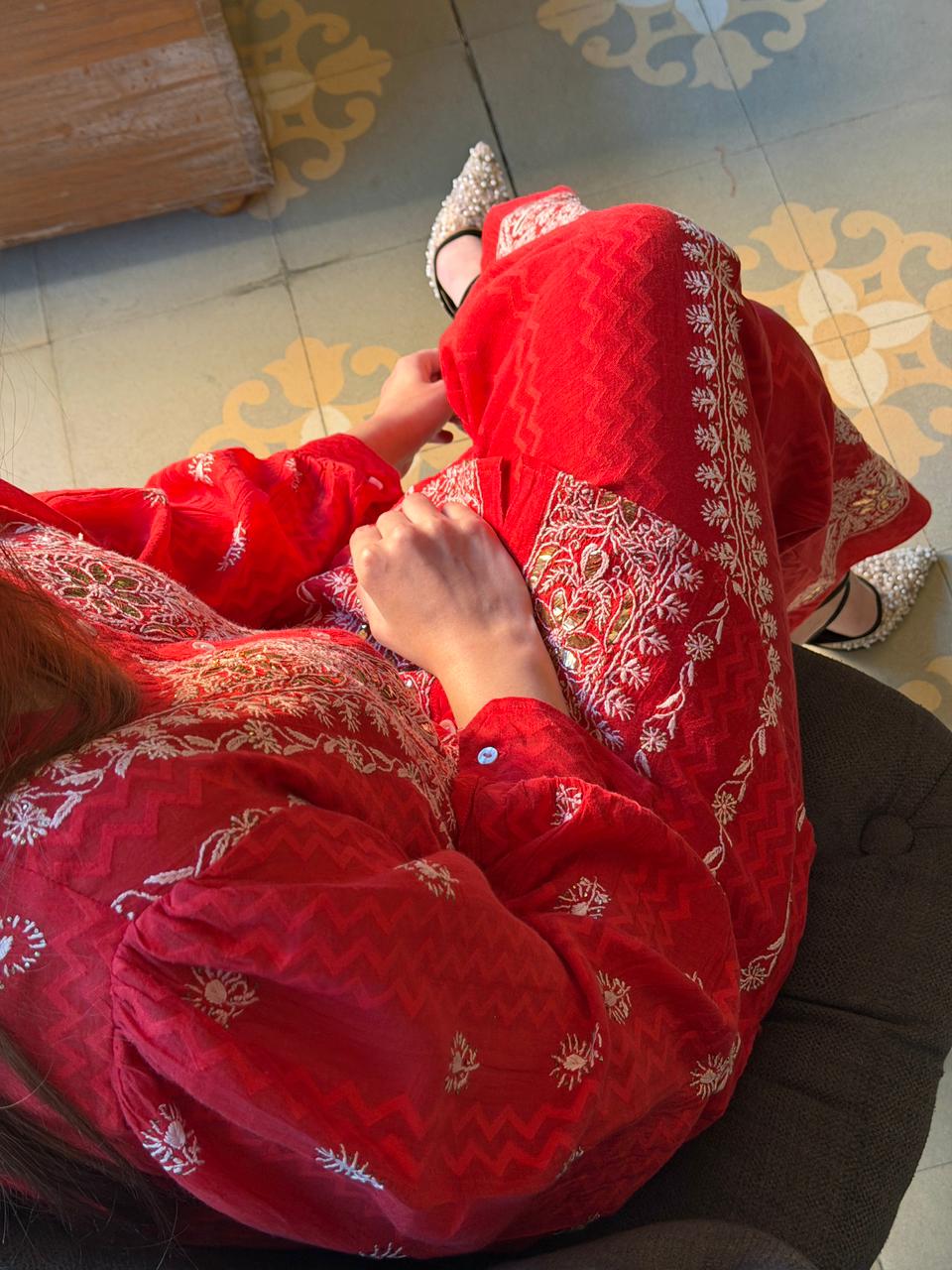 Crimson Red | Jacquard Sequins Chikankari Co-Ord Set