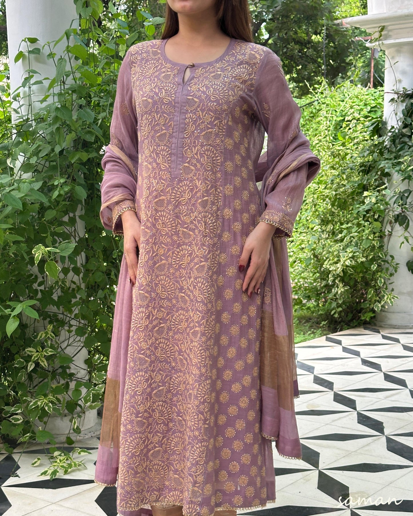 Dusty Lilac Tissue Silk Chikankari Kurta Set