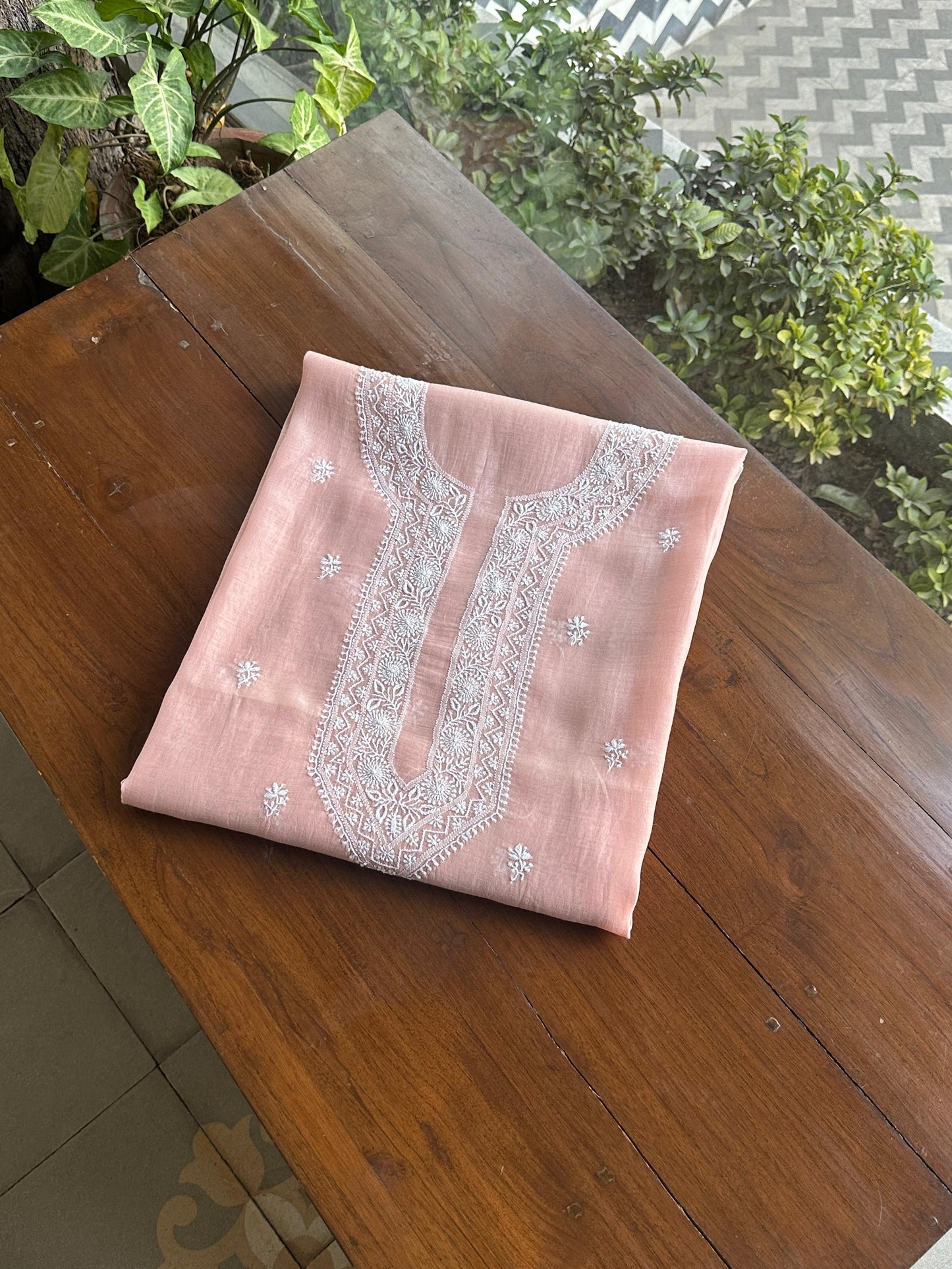 Pastel Peach Mulmul Chikankari Unstitched Men's Kurtas Fabric