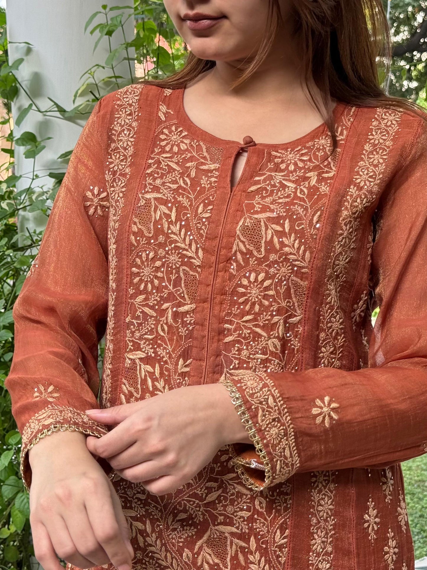 Rust Orange Tissue Silk Chikankari Straight Cut Kurta Dupatta Set