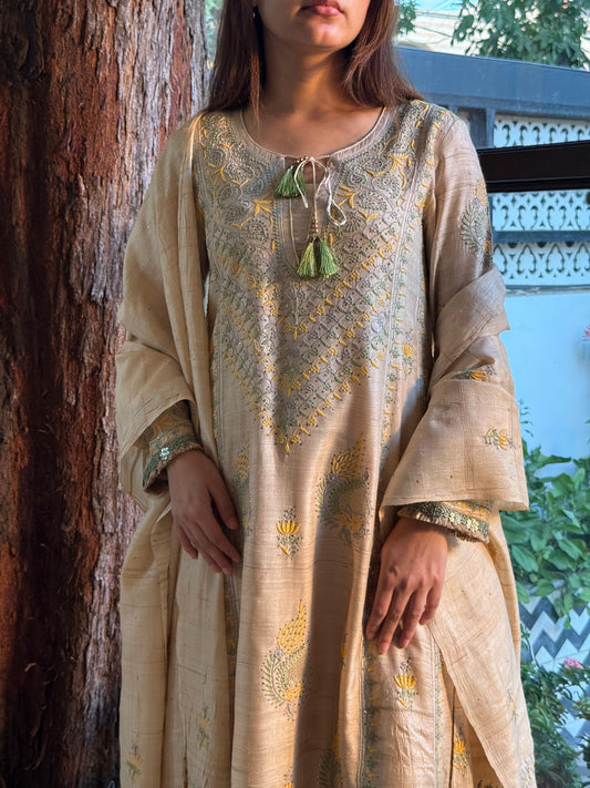 Basak Natural Tussar Silk Kalidar Chikankari Kurta Set