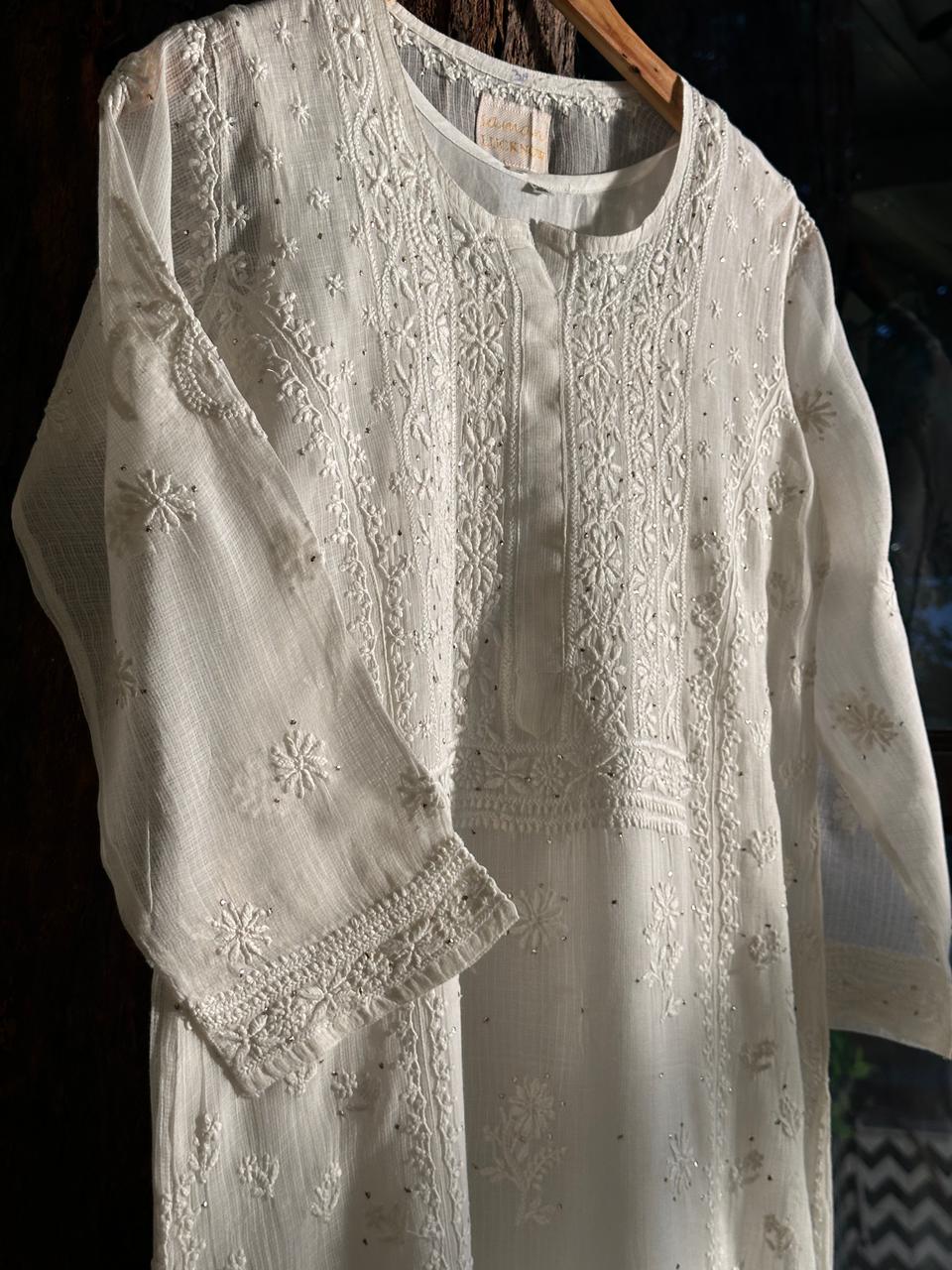 White Floral Kota Chikankari Ready To Wear Straight Kurta With Slip